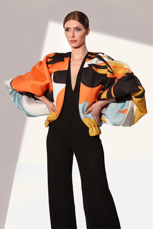 Look 07 Jacket Only - balck elegant dress with colorful voluminous jacket