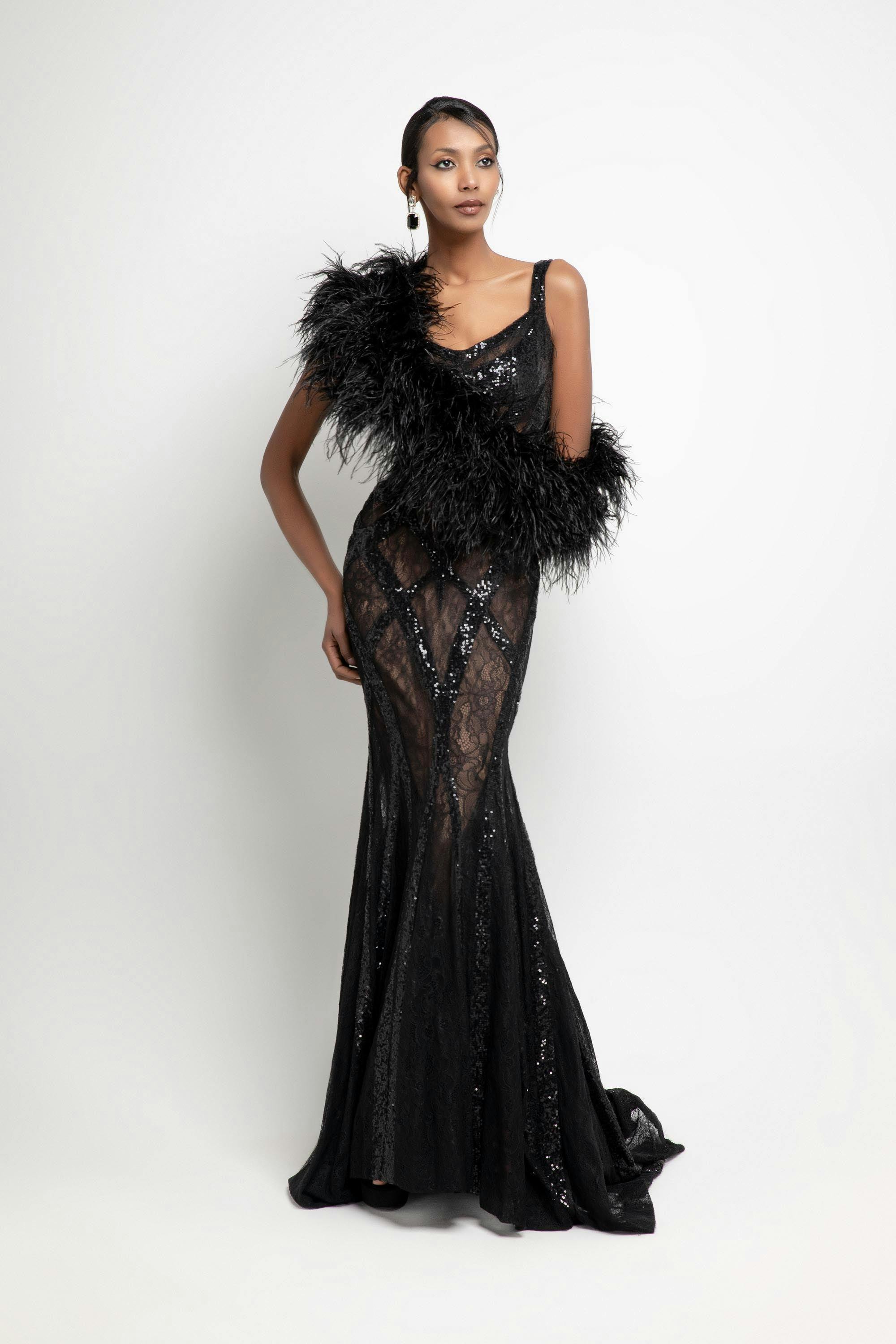 Look 10 B - Jean fares couture - JFC- Classy black feathers scarf
