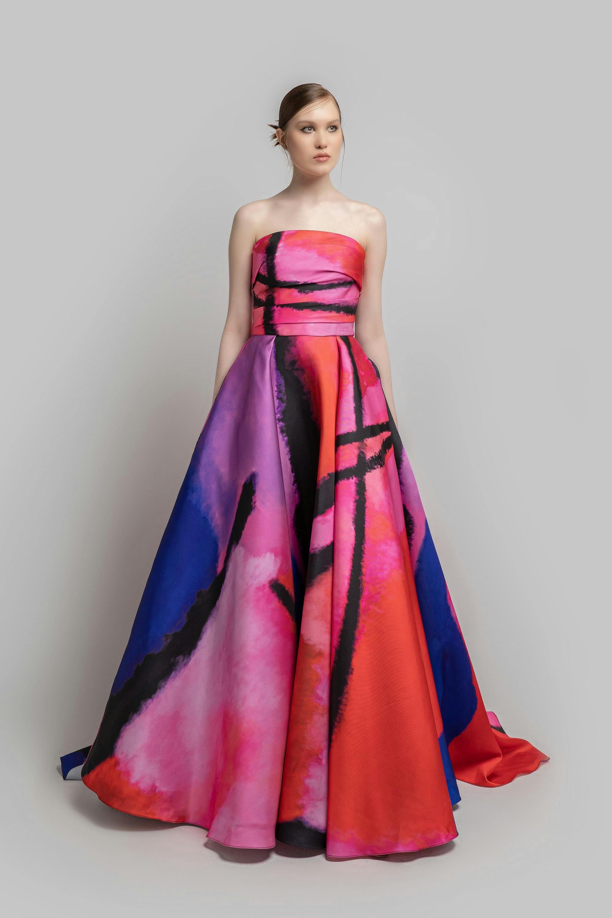 Look 12 - Jean fares couture - JFC- Off-shoulders long colorful printed dress