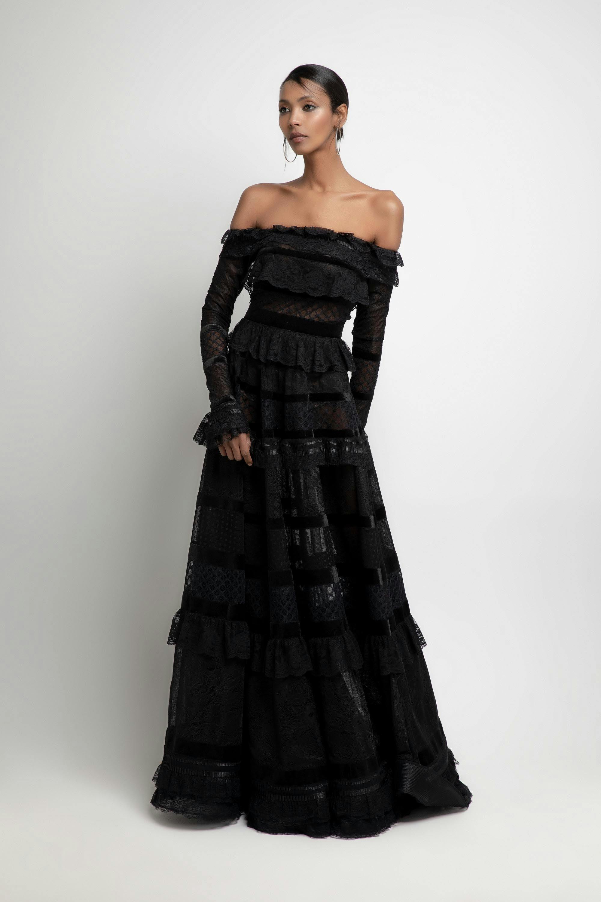 Look 19 - Jean fares couture - JFC-black lace boat neck,long sleev dress