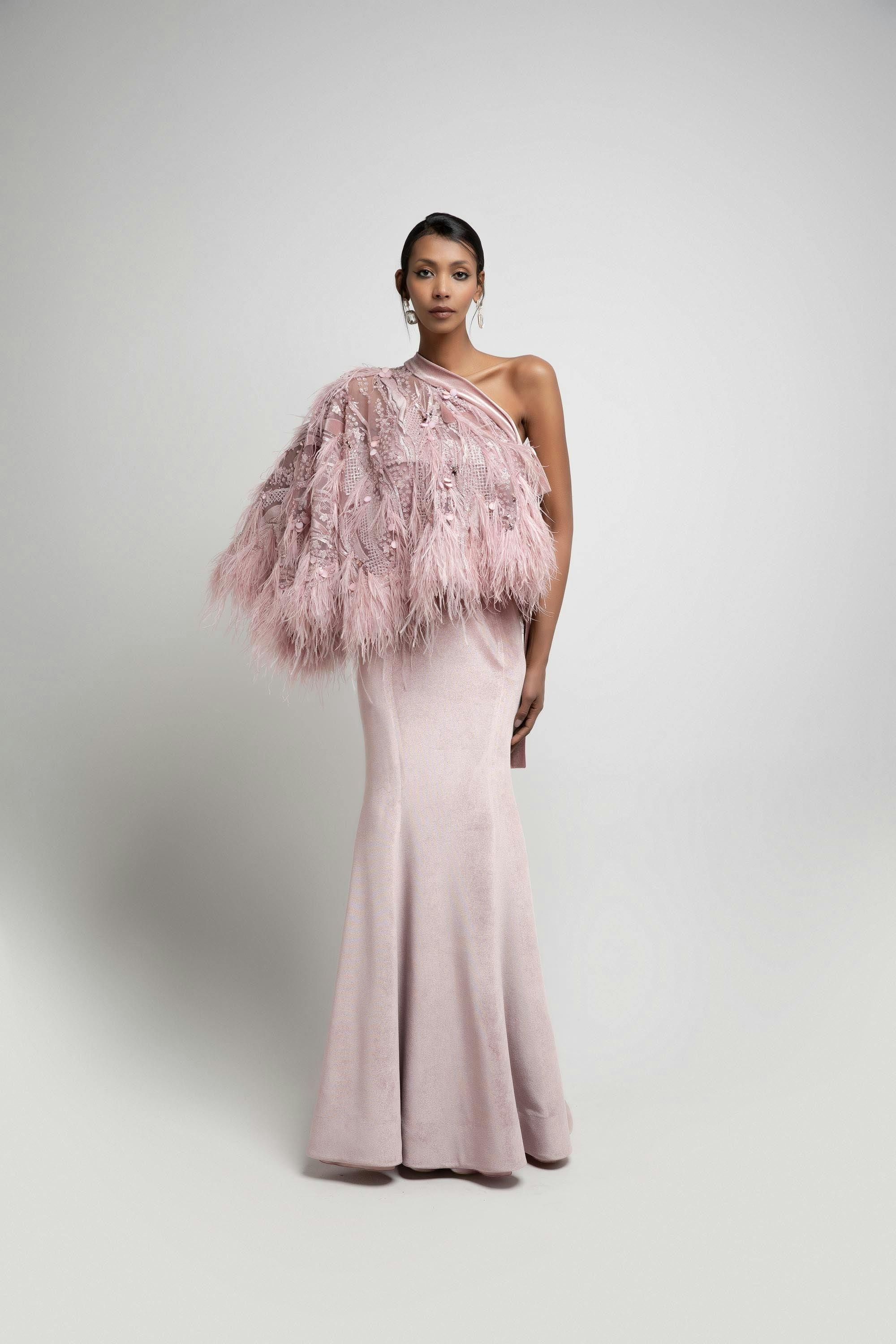 Look 21 - Jean fares couture-JFC - maxi pink dress with one feathers shoulder