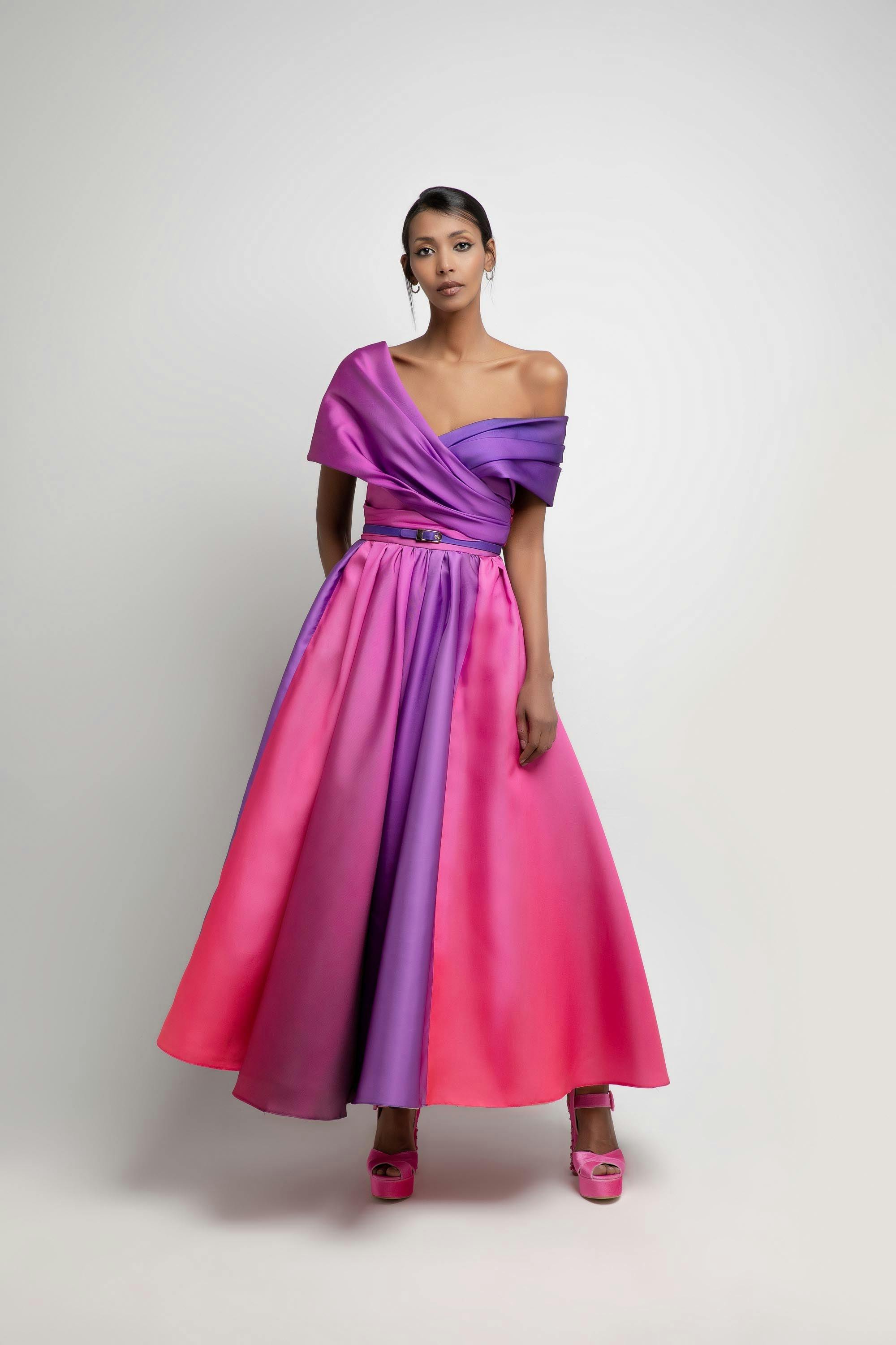 Look 3 - Jean fares couture - JFC-pink and purple one shouldre silk dress