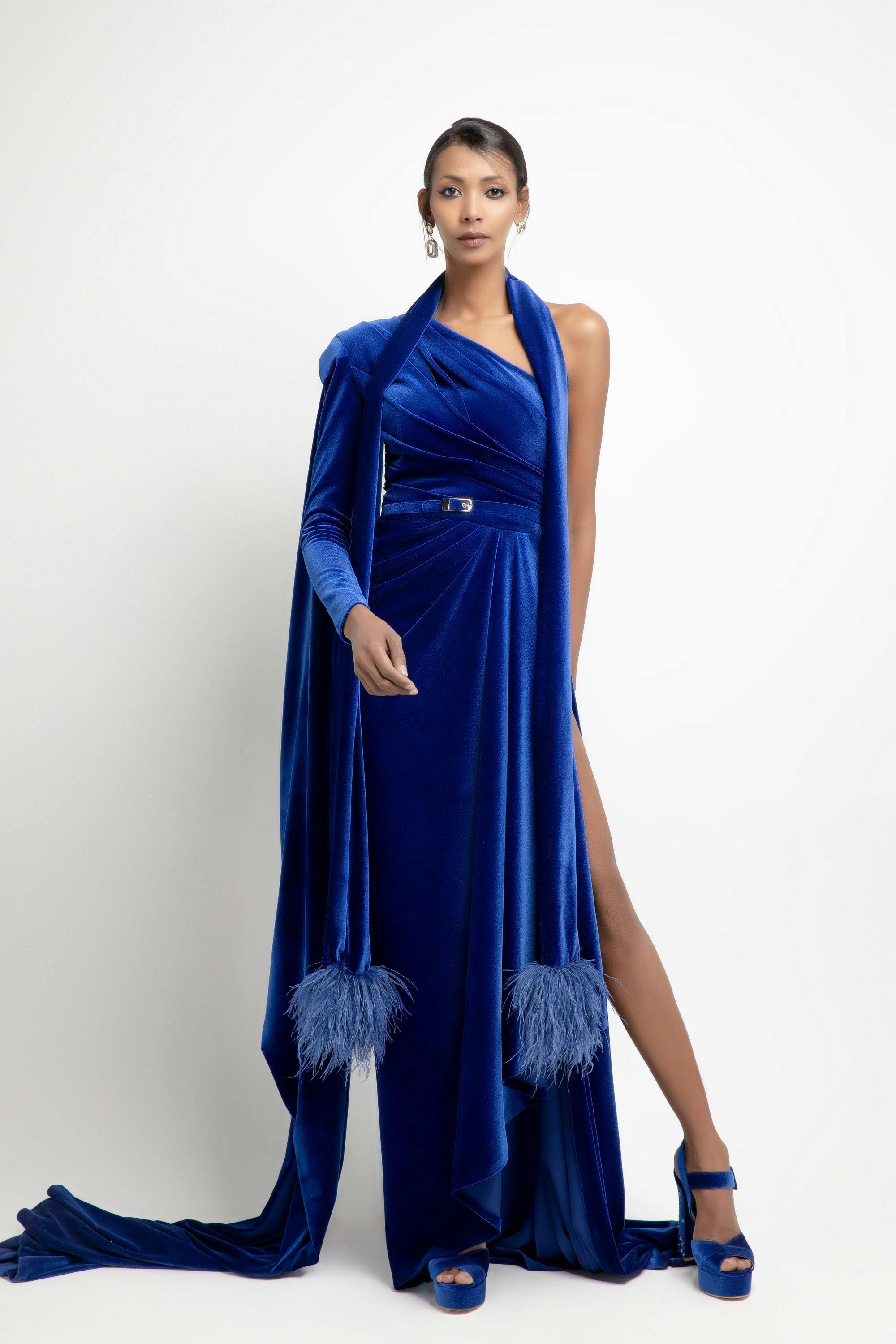 Look 6 - Jean Fares Couture- JFC-elegant, one-shoulder velvet bleu dress with belt and a tail