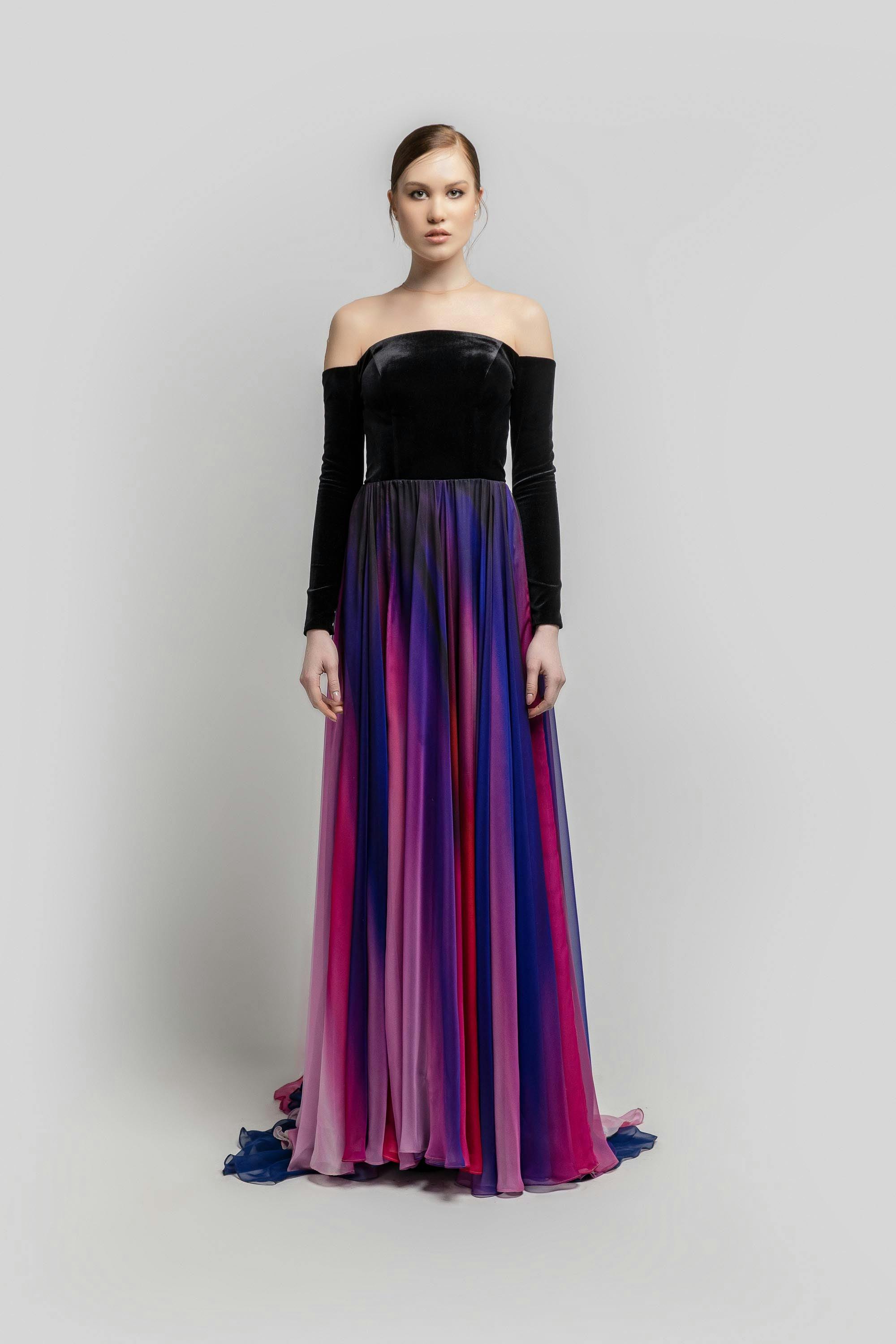 Look 7 - Jean Fares Couture-JFC- off-shoulders, long velvet sleeve colorful layered dress