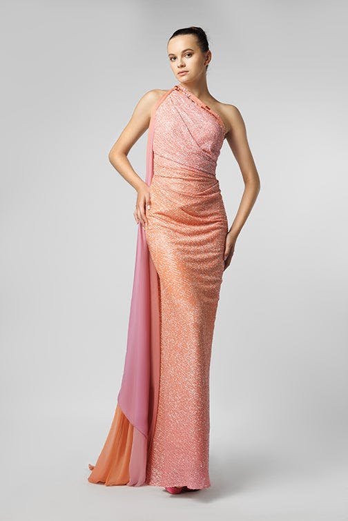 Look 27 - elegant pink ruffles on a maxi dress with high neck - JFC