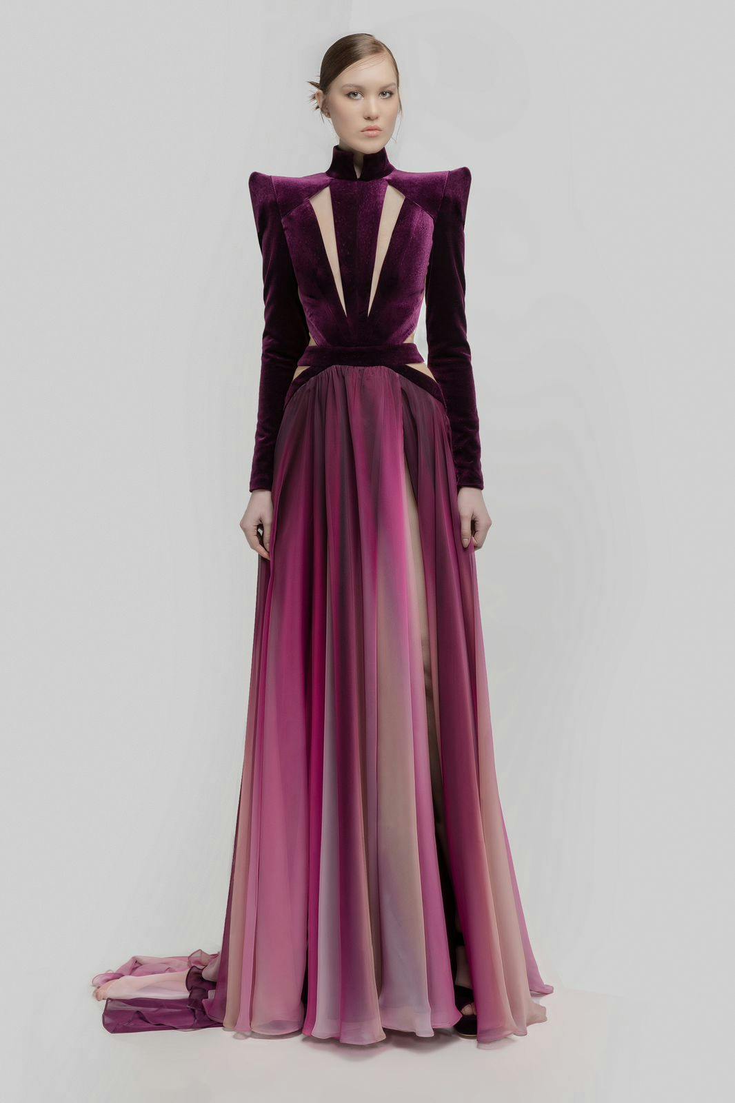 Look 22 - Jean Fares Couture-GFC - Grecian neck, velvet dark purple maxi dress with split leg