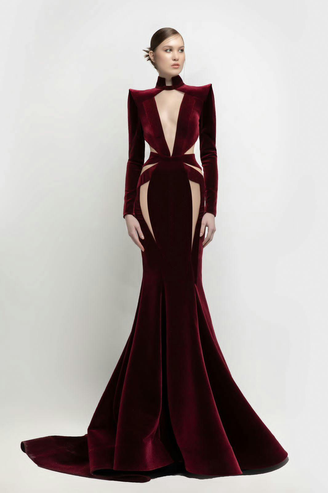 Look 27 - Jean fares couture - JFC- sexy bordeau velvet dress with deep V-neck